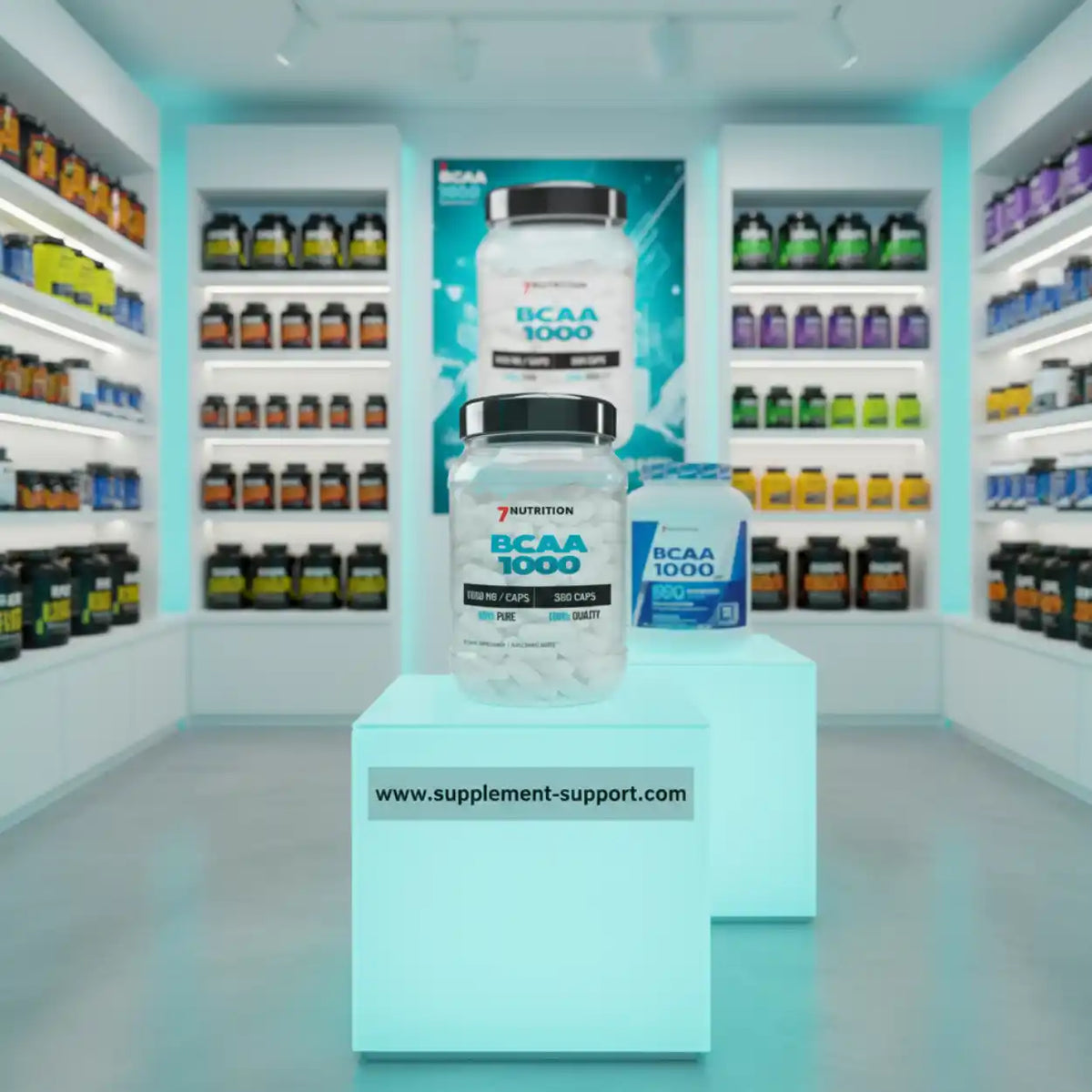 7Nutrition BCAA 1000 Nahrungsergänzungsmittel in einem modern beleuchteten Supplement-Shop