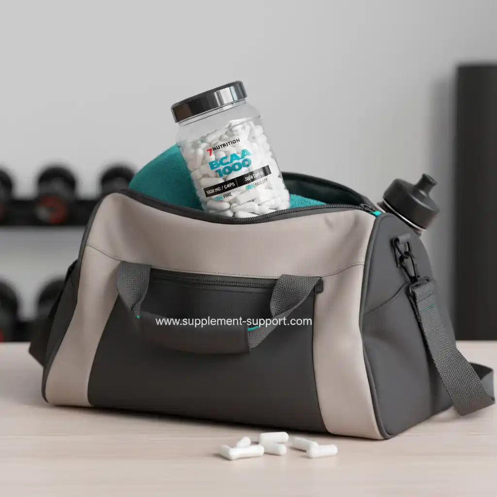 Sporttasche mit ECAA 1000 Kapseln, Trinkflasche und Handtuch – ideal für Fitness und Training