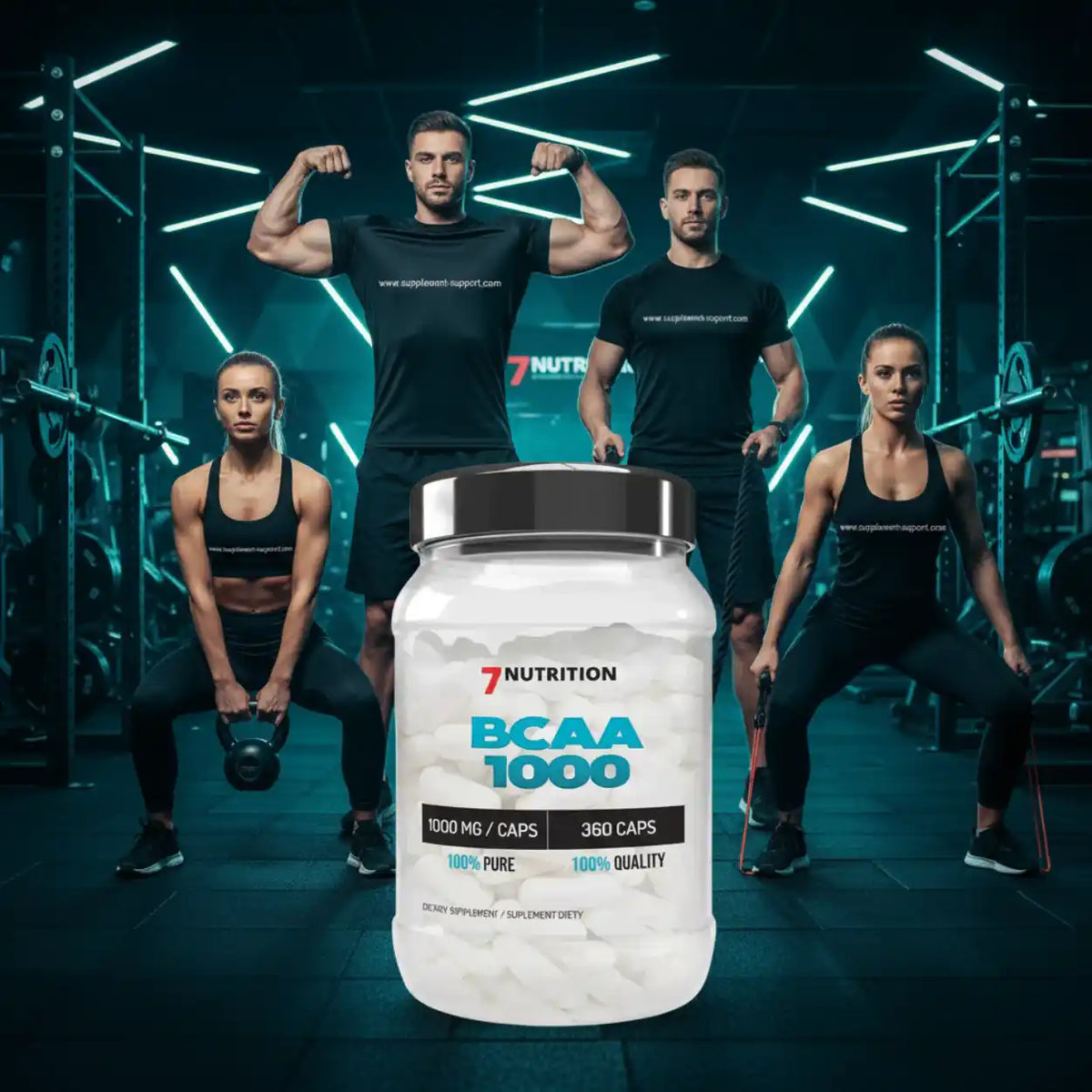 7 Nutrition BCAA 1000 Kapseln für Muskelaufbau und Sportler in einem Fitnessstudio.