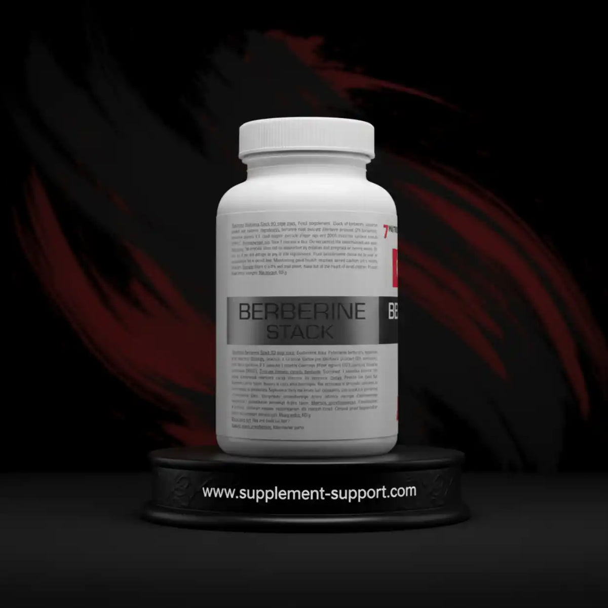 Weiße Dose mit Berberine Stack Nahrungsergänzungsmittel auf schwarzem Sockel