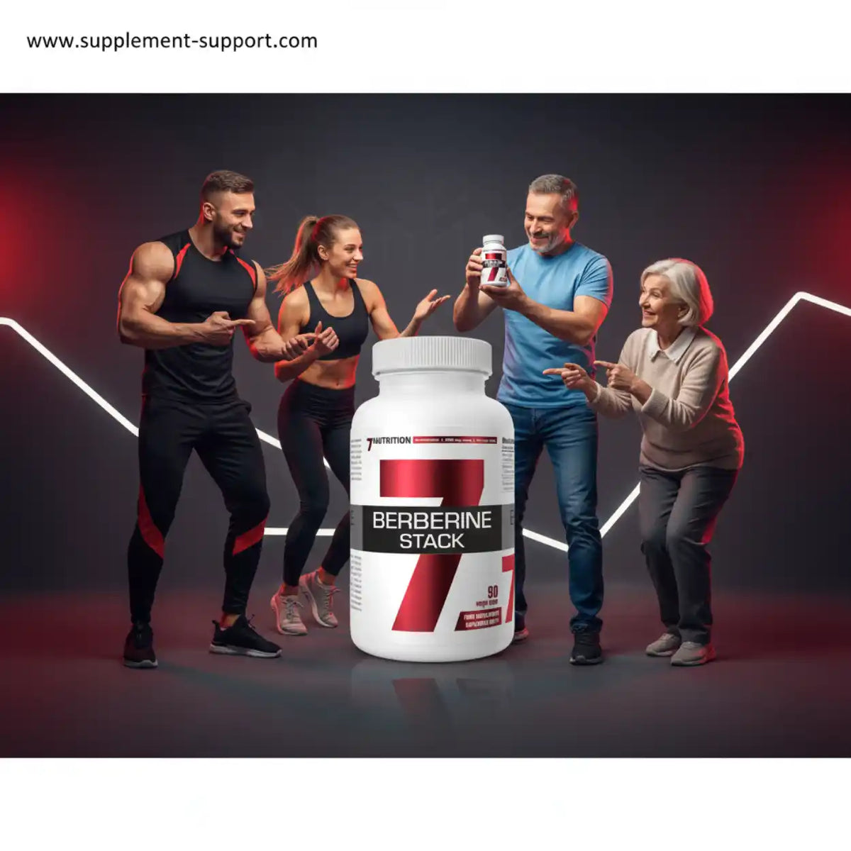 Berberine Stack Nahrungsergänzung mit Sportlern und Senioren vor dunklem Hintergrund.