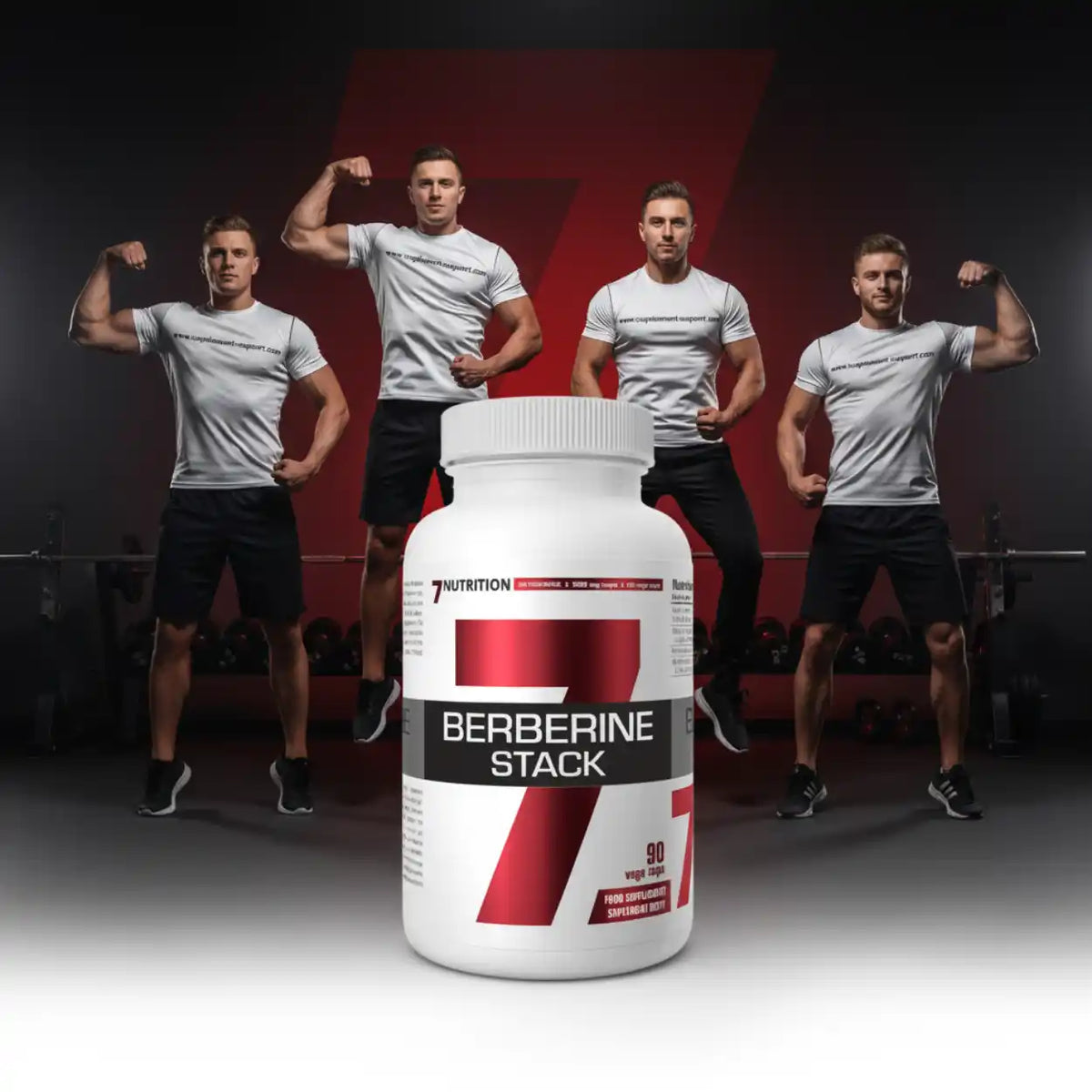 7Nutrition Berberine Stack Nahrungsergänzungsmittel vor vier muskulösen Männern im Fitnessstudio