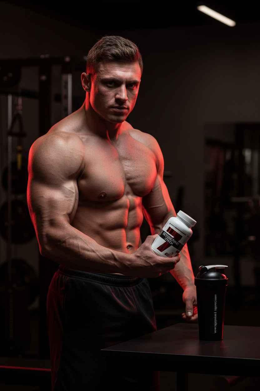 Muskulöser Mann im Fitnessstudio mit einer Dose Sportnahrung und einem Shaker.