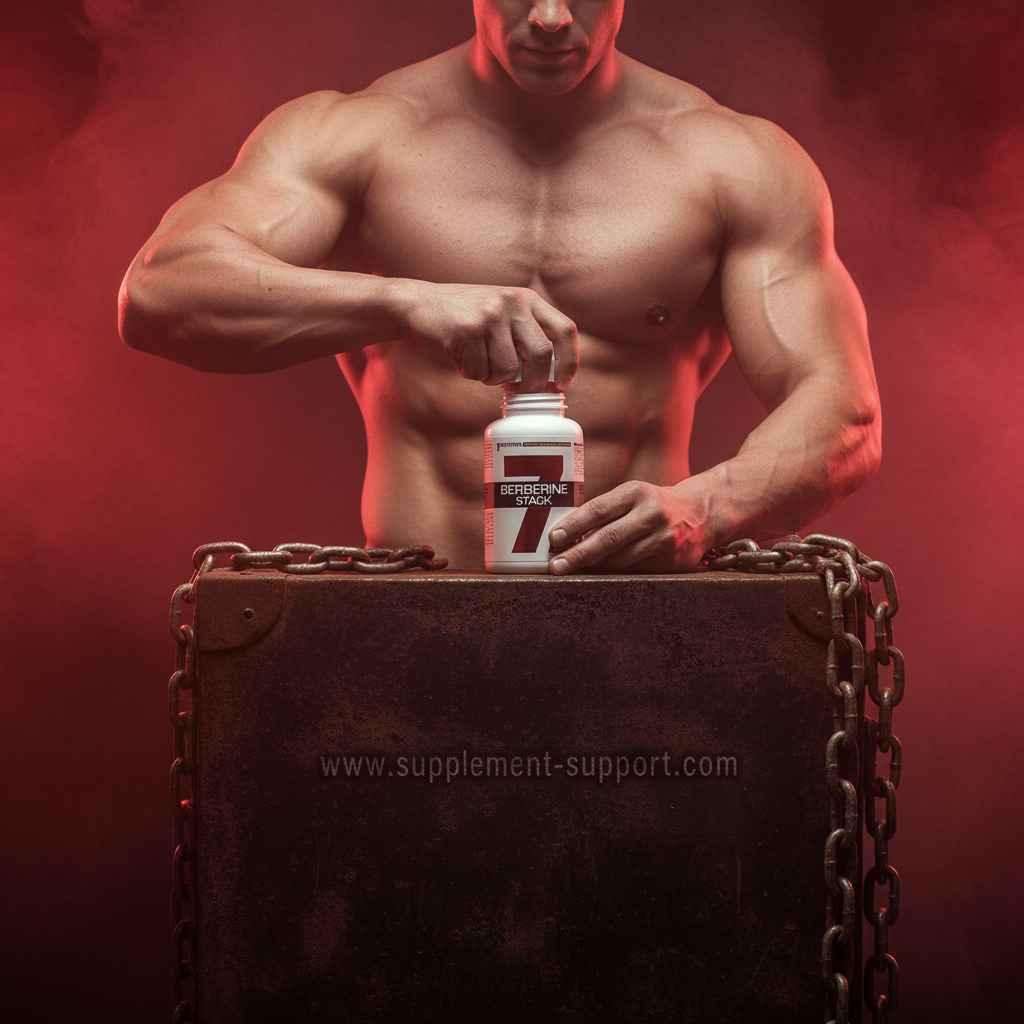 Muskulöser Mann hält eine Dose Berberine Stack auf einer mit Ketten gesicherten Truhe.