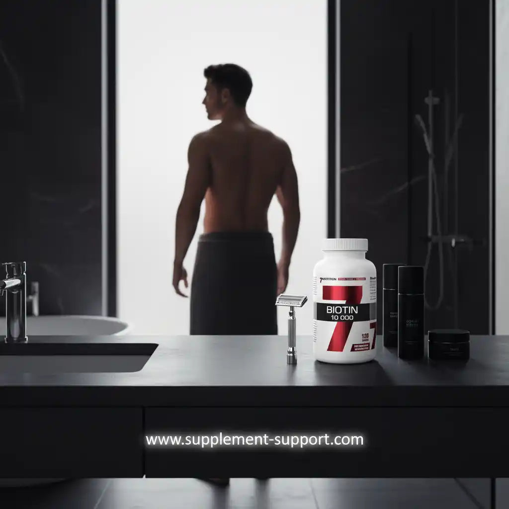 Biotin 10.000 Nahrungsergänzung für Sportler im Badezimmer mit muskulösem Mann im Hintergrund