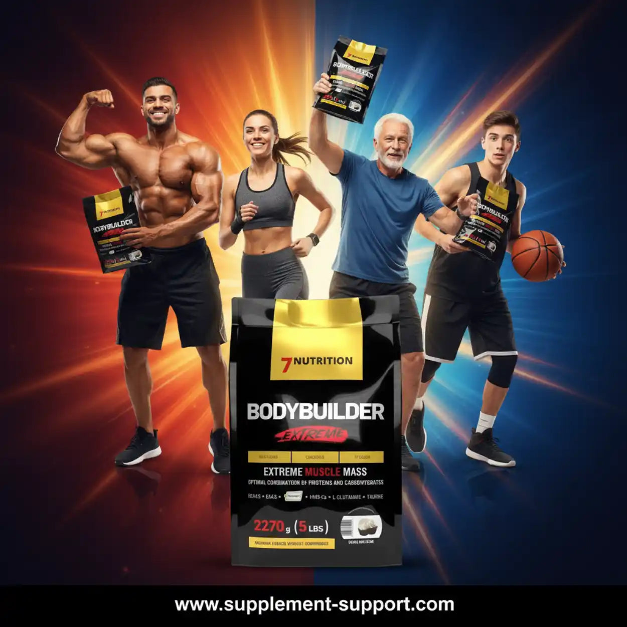 7Nutrition Bodybuilder Extreme Muscle Mass Protein-Pulver mit vier verschiedenen Sportlern
