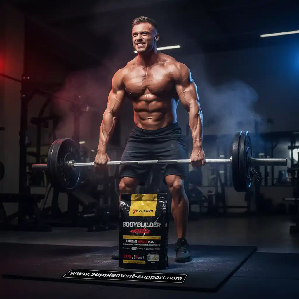 Muskulöser Mann mit Hantel und Bodybuilder-Supplement im Fitnessstudio