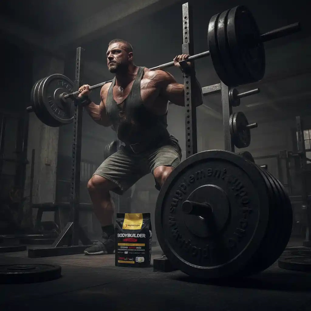 Muskulöser Athlet beim Gewichtheben mit Bodybuilder-Proteinpulver im Fitnessstudio