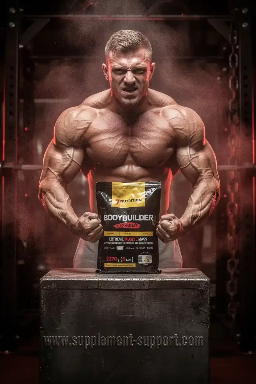 Muskulöser Athlet mit Bodybuilder Extreme Muscle Mass Supplement für Fitness und Krafttraining