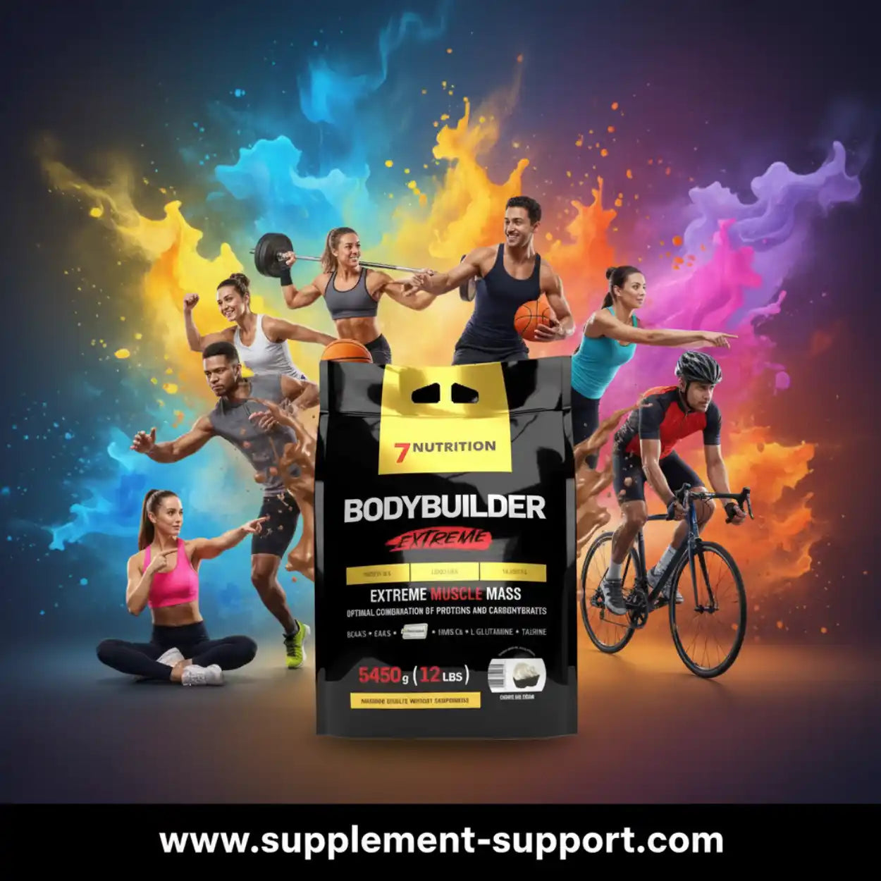 7 Nutrition Bodybuilder Extreme Muscle Mass Protein-Pulver vor sportlichen Menschen und Farbrauch.