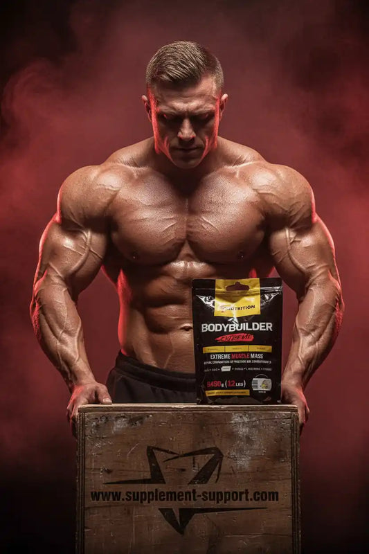Muskulöser Bodybuilder mit Bodybuilder Extreme Muscle Mass Supplement vor rotem Hintergrund