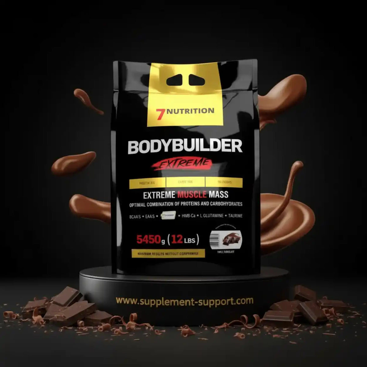 Bodybuilder Extreme Muscle Mass Weight Gainer Packung mit Schokoladenspritzern und Schokoladenstücken