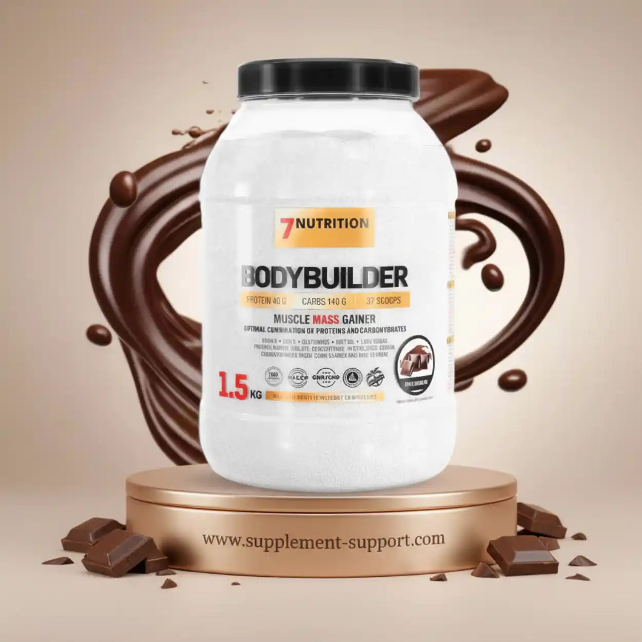 7Nutrition Bodybuilder Muscle Mass Gainer Protein-Pulver 1,5 kg mit Schokolade-Design