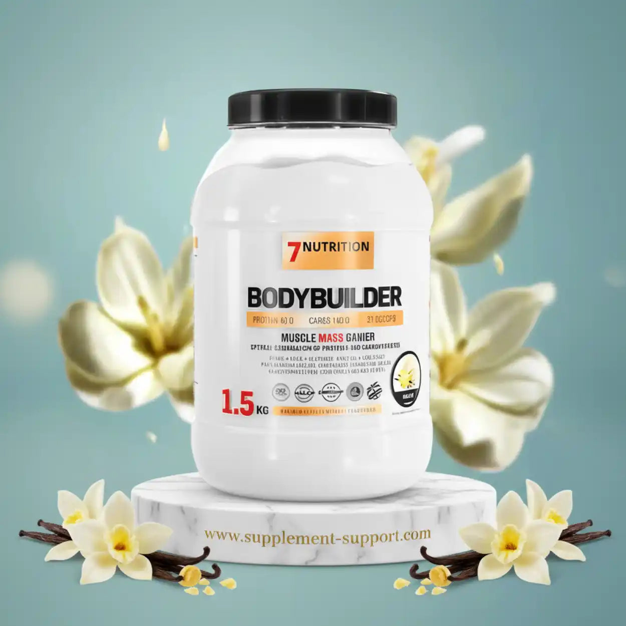 7Nutrition Bodybuilder Muscle Mass Gainer Supplement-Becher mit Vanilleblüten und Vanilleschoten