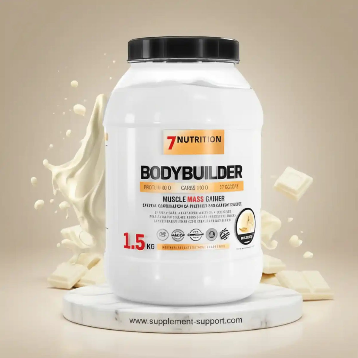 7Nutrition Bodybuilder Muscle Mass Gainer Proteinpulver, 1,5 kg Dose auf Marmorsockel