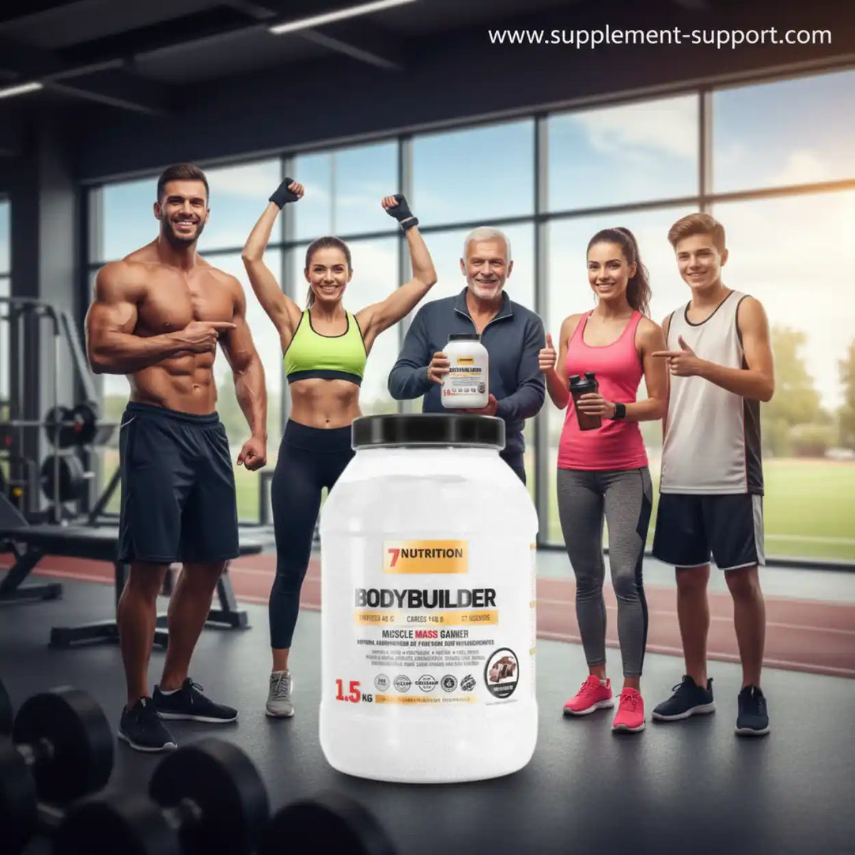 7Nutrition Bodybuilder Muscle Mass Gainer Proteinpulver mit einer Gruppe fittem Sportler im Gym