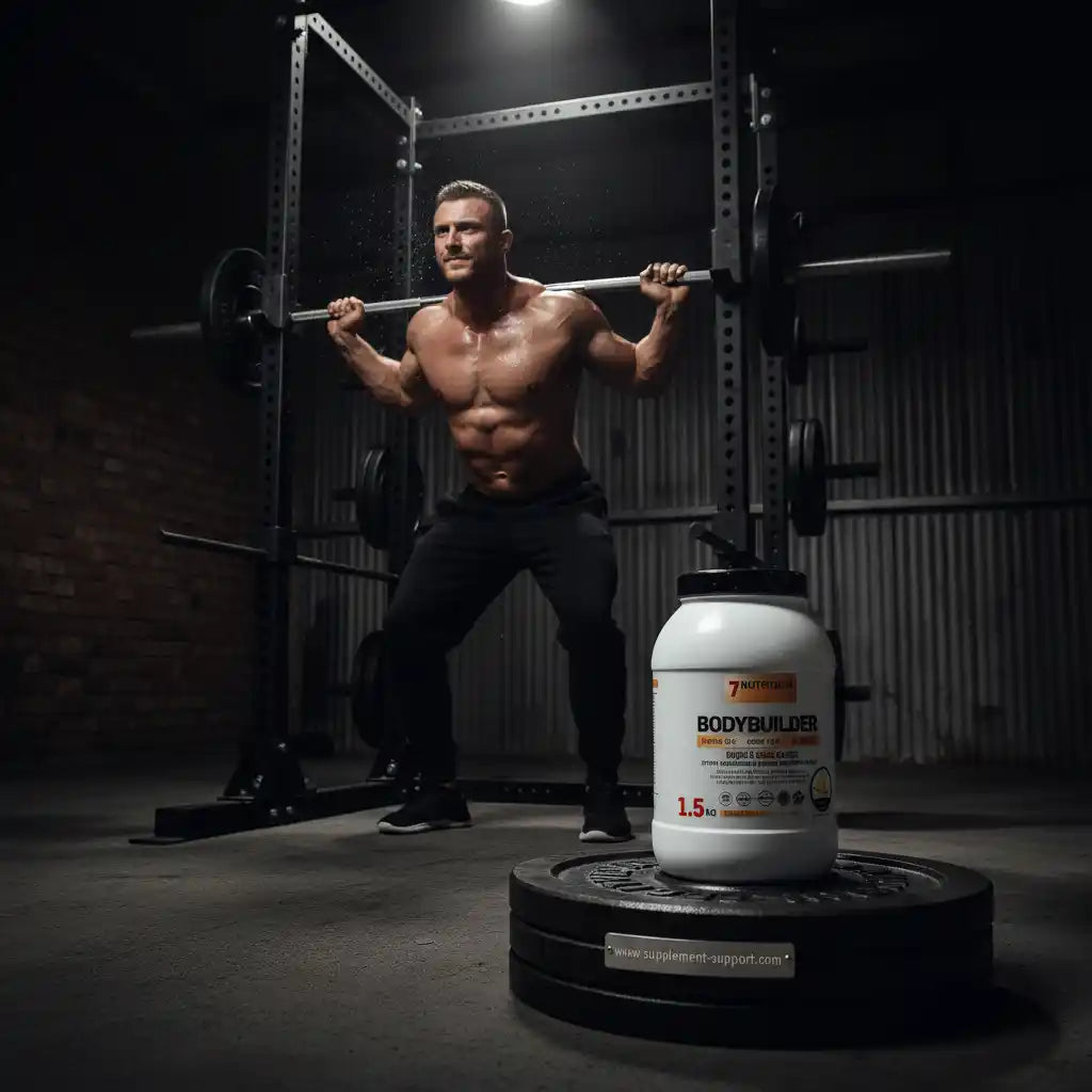 Muskulöser Mann beim Krafttraining mit Bodybuilder-Proteinpulver, ideal für Fitness und Sportler