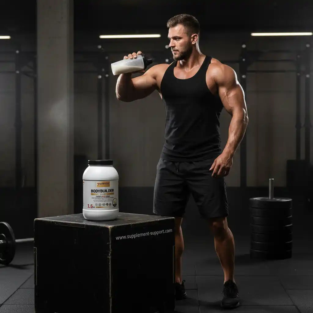 Muskulöser Athlet trinkt Proteinshake aus Shaker, neben Bodybuilder-Proteinpulver im Fitnessstudio