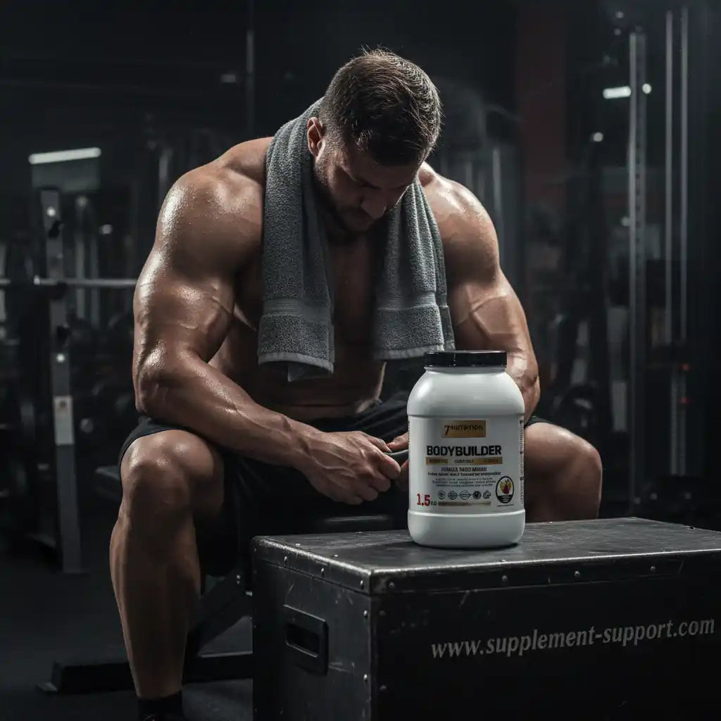 Muskulöser Mann im Fitnessstudio mit Bodybuilder-Proteinpulver