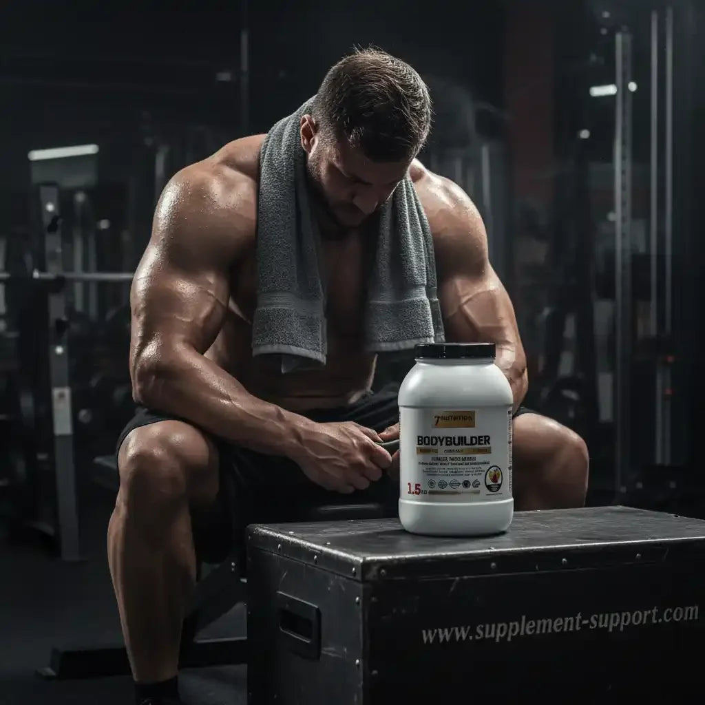 Muskulöser Mann im Fitnessstudio mit Bodybuilder-Proteinpulver