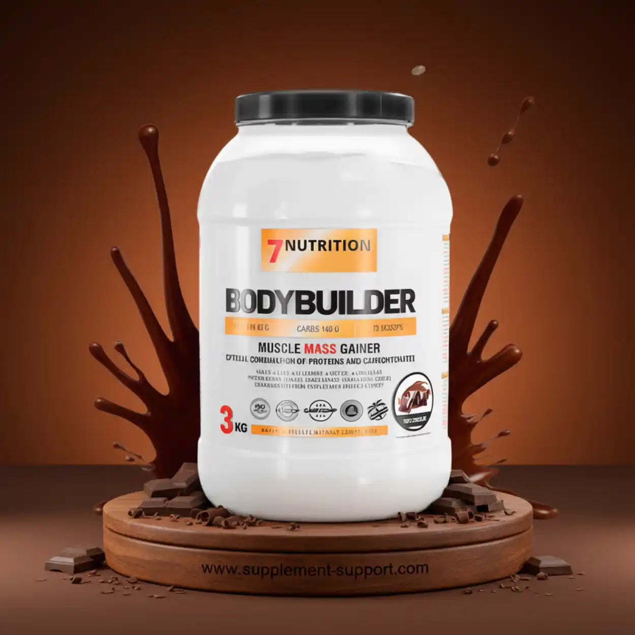 7 Nutrition Bodybuilder Muscle Mass Gainer Proteinpulver 3kg auf Schokolade-Untergrund
