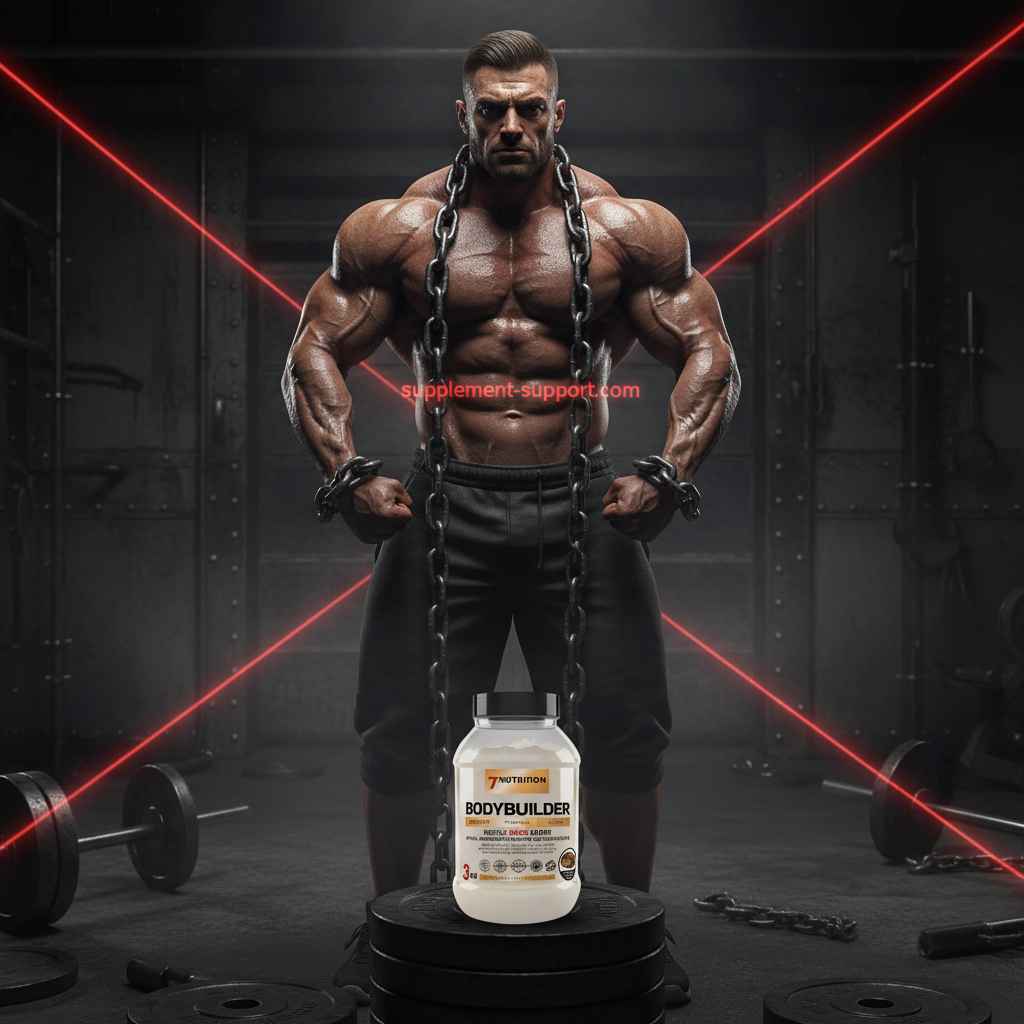 Muskulöser Mann mit Ketten und Bodybuilder-Supplement im Fitnessstudio