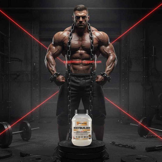 Muskulöser Mann mit Ketten und Bodybuilder-Supplement im Fitnessstudio