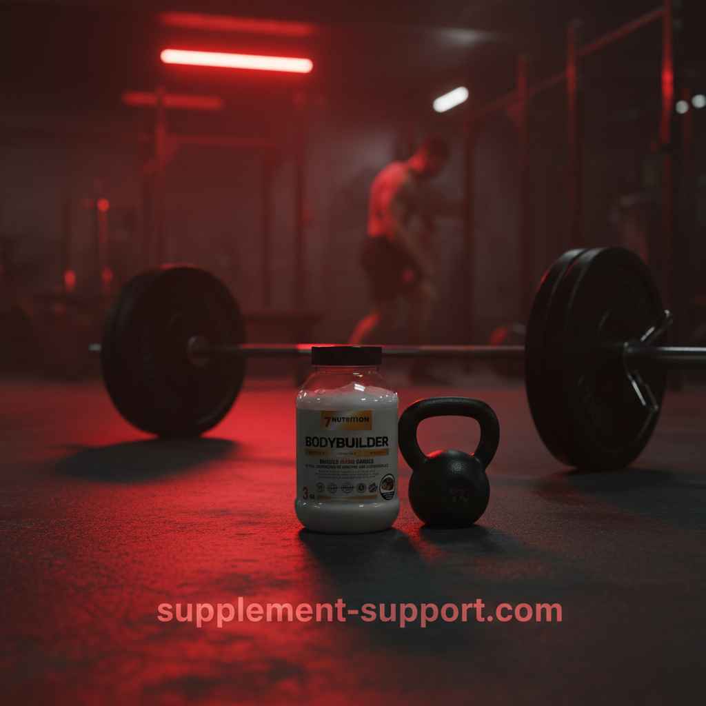 Bodybuilder Protein Pulver neben Kettlebell und Langhantel im Fitnessstudio