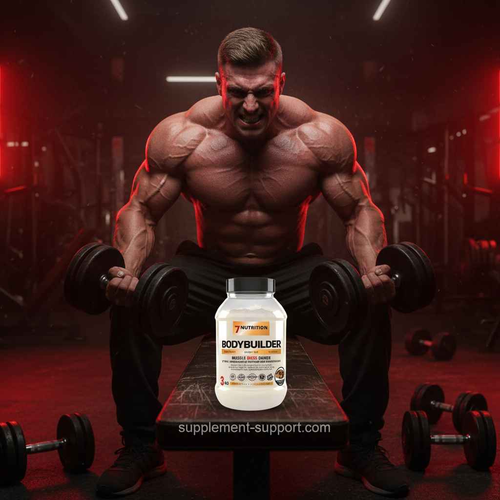 Muskelaufbau-Supplement Bodybuilder von 7Nutrition im Fitnessstudio mit trainiertem Athleten