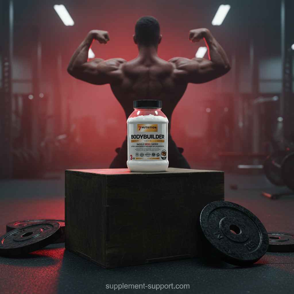 Bodybuilder-Muskelmasse-Pulver vor muskulösem Athleten im Fitnessstudio, ideal für Krafttraining und Muskelaufbau