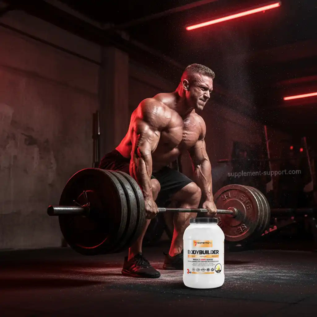 Muskulöser Athlet beim Gewichtheben mit Bodybuilder-Proteinpulver im Fitnessstudio