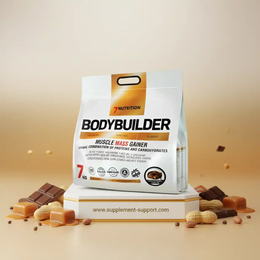 7Nutrition Bodybuilder Muscle Mass Gainer Packung mit Schokolade und Erdnüssen