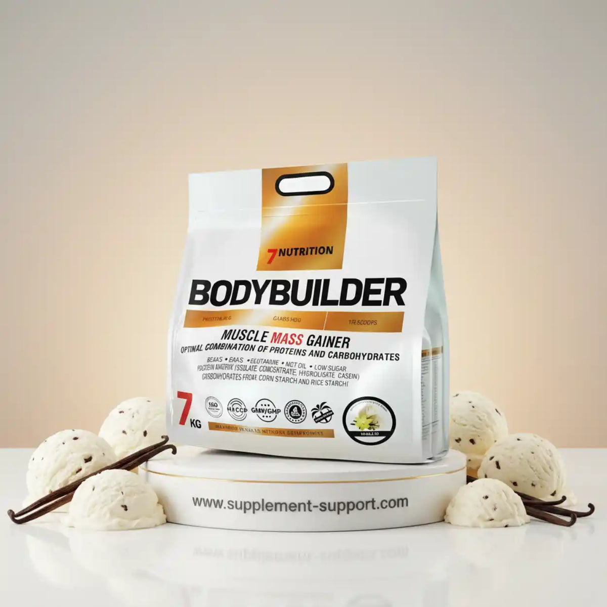 7 Nutrition Bodybuilder Muscle Mass Gainer Beutel mit Vanilleeis-Kugeln und Vanilleschoten