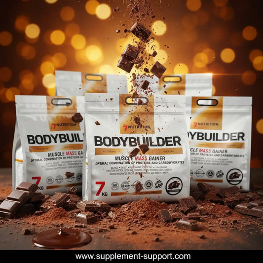 7 Nutrition Bodybuilder Muscle Mass Gainer mit Schokoladenstücken und Kakaopulver.