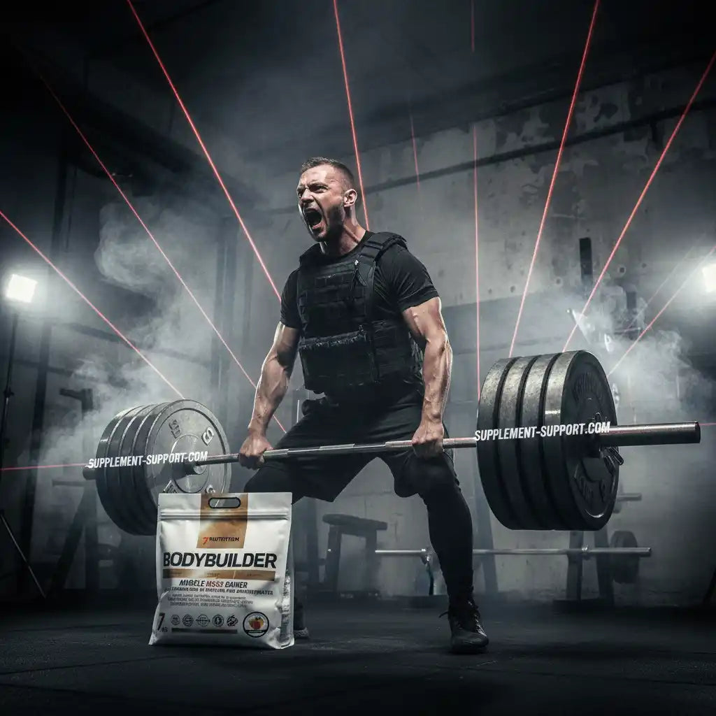 Muskelaufbau mit Bodybuilder Mass Gainer und Gewichtheben im Fitnessstudio