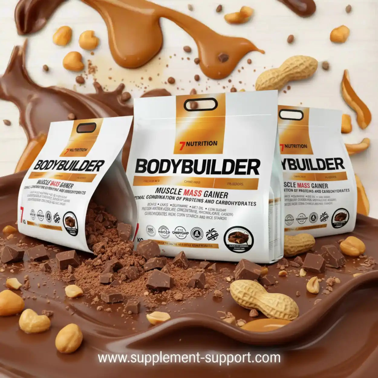 Bodybuilder Muscle Mass Gainer Protein Pulver mit Schokolade und Erdnüssen