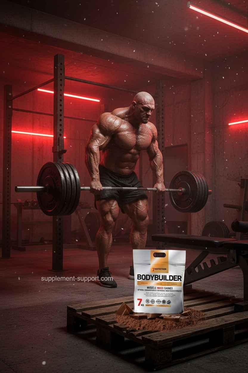Muskulöser Bodybuilder mit Barbell im Fitnessstudio, neben 7 Nutrition Bodybuilder Muscle Mass Gainer