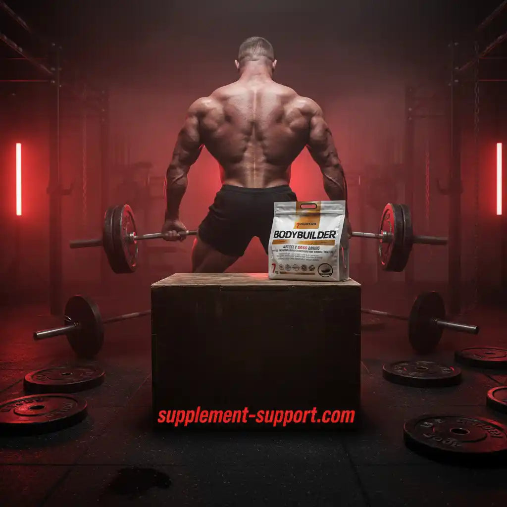 Muskulöser Athlet mit Bodybuilder-Proteinpulver im Fitnessstudio, ideal für Krafttraining und Muskelaufbau