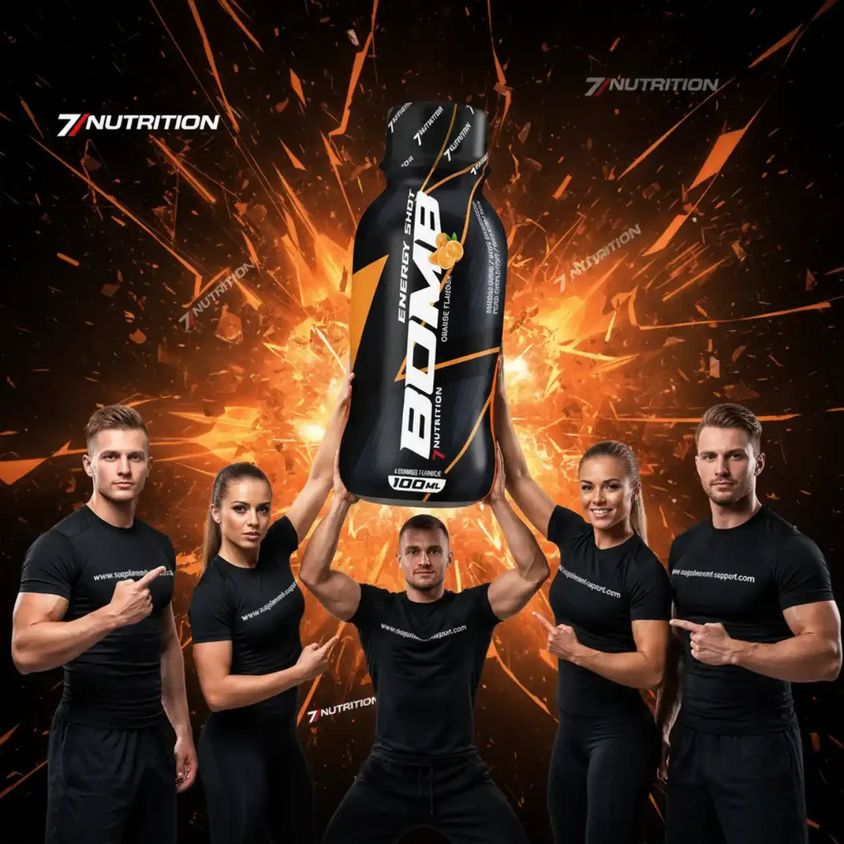 Fünf Sportler halten eine Energy Shot Bomb Flasche vor explosive Effekten.
