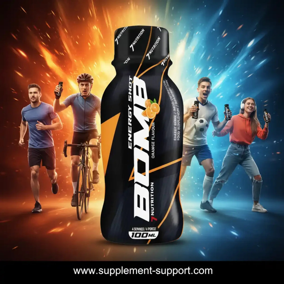 7Nutrition Energy Shot Bomb Orange Flavour für Sportler beim Laufen, Radfahren und Fußball.
