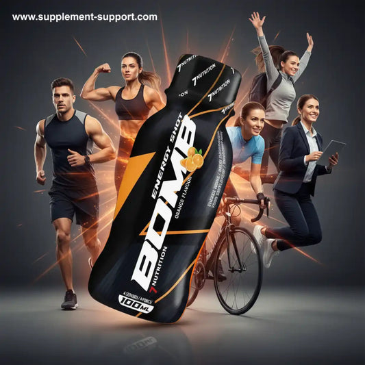 7Nutrition Energy Shot Bomb Orange Flavour mit sportlichen Menschen im Hintergrund