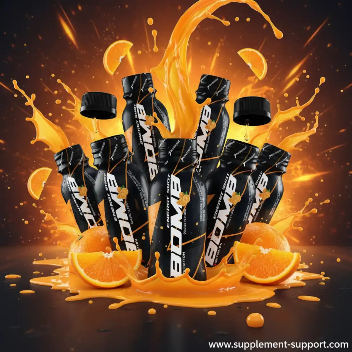 Mehrere Flaschen Energy Shot Bomb mit spritzendem Orangensaft und Orangenscheiben.