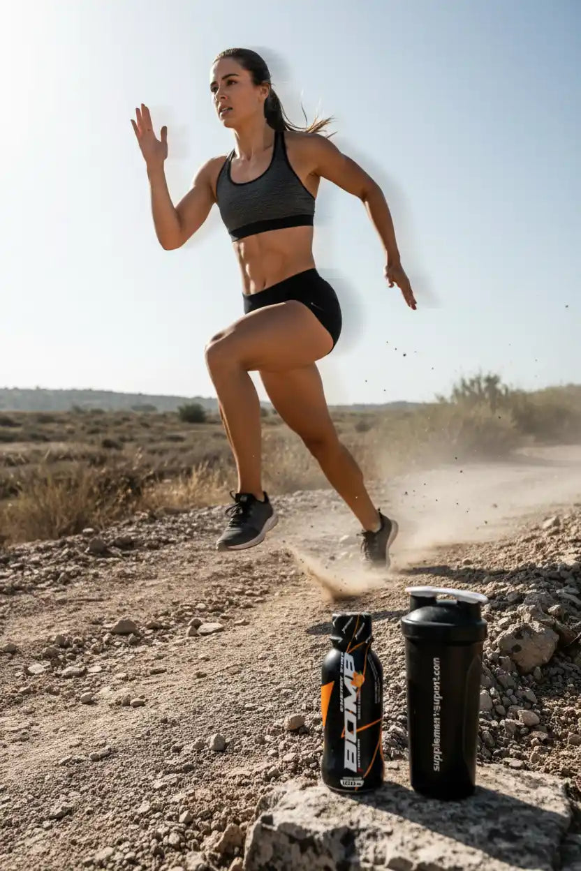 Frau beim Laufen mit Sportnahrung und Shaker im Freien – Fitness & Lauftraining