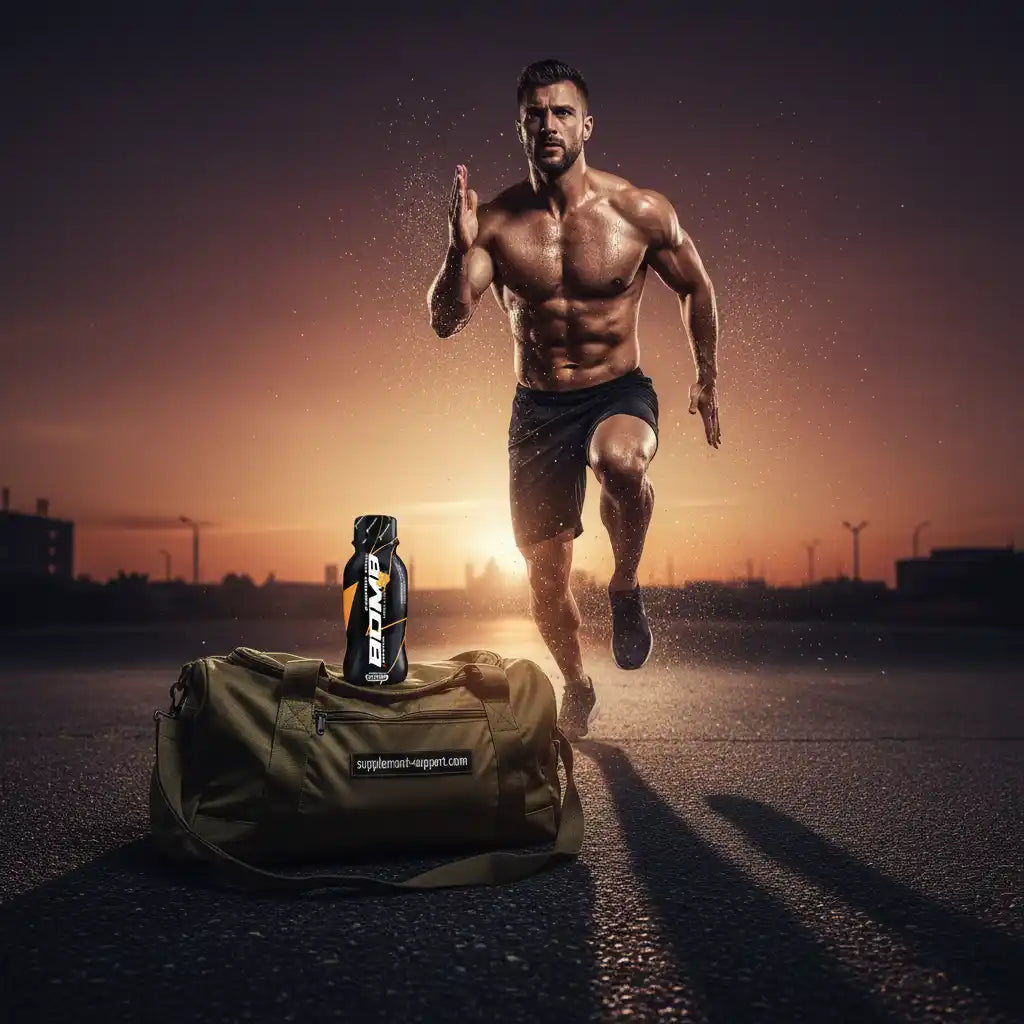 Muskulöser Athlet beim Laufen mit Sporttasche und Energie-Drink, ideal für Fitness & Training