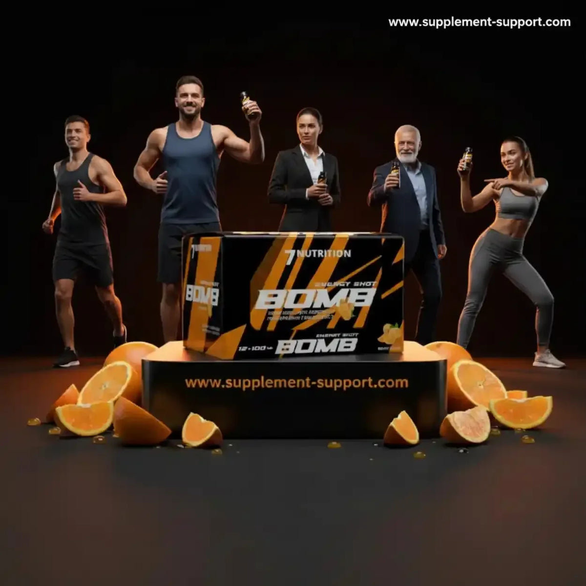 7Nutrition Energy Shot Bomb Supplement mit Sportlern und Orangen
