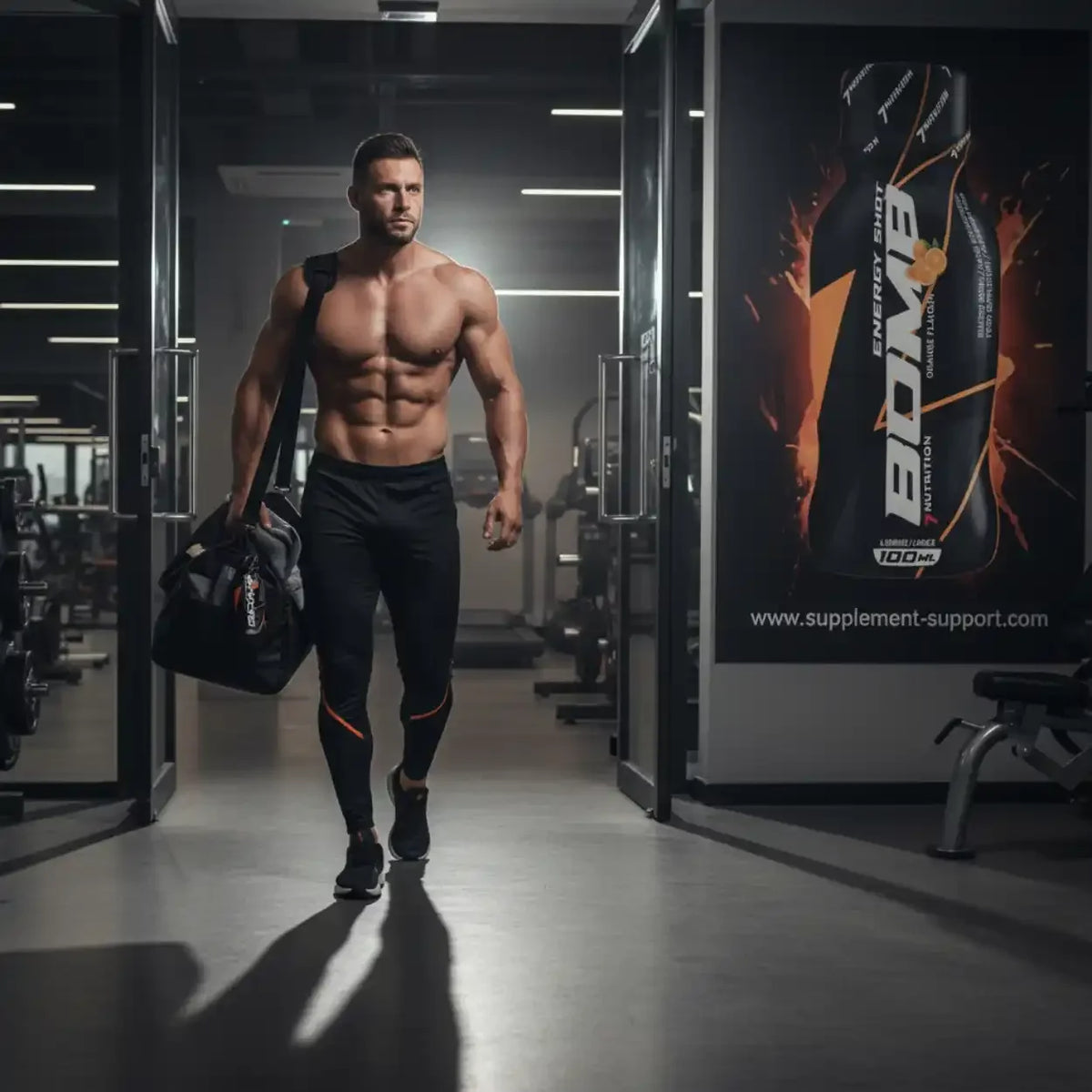 Muskulöser Mann mit Sporttasche geht durch ein modernes Fitnessstudio.