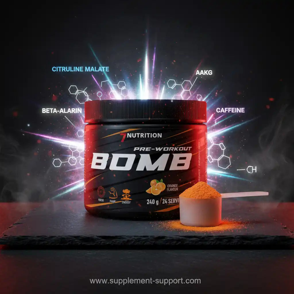 7 Nutrition Pre-Workout Bomb mit Citrullin, Beta-Alanin, Koffein – Orange Geschmack, 240g für Fitness & Training