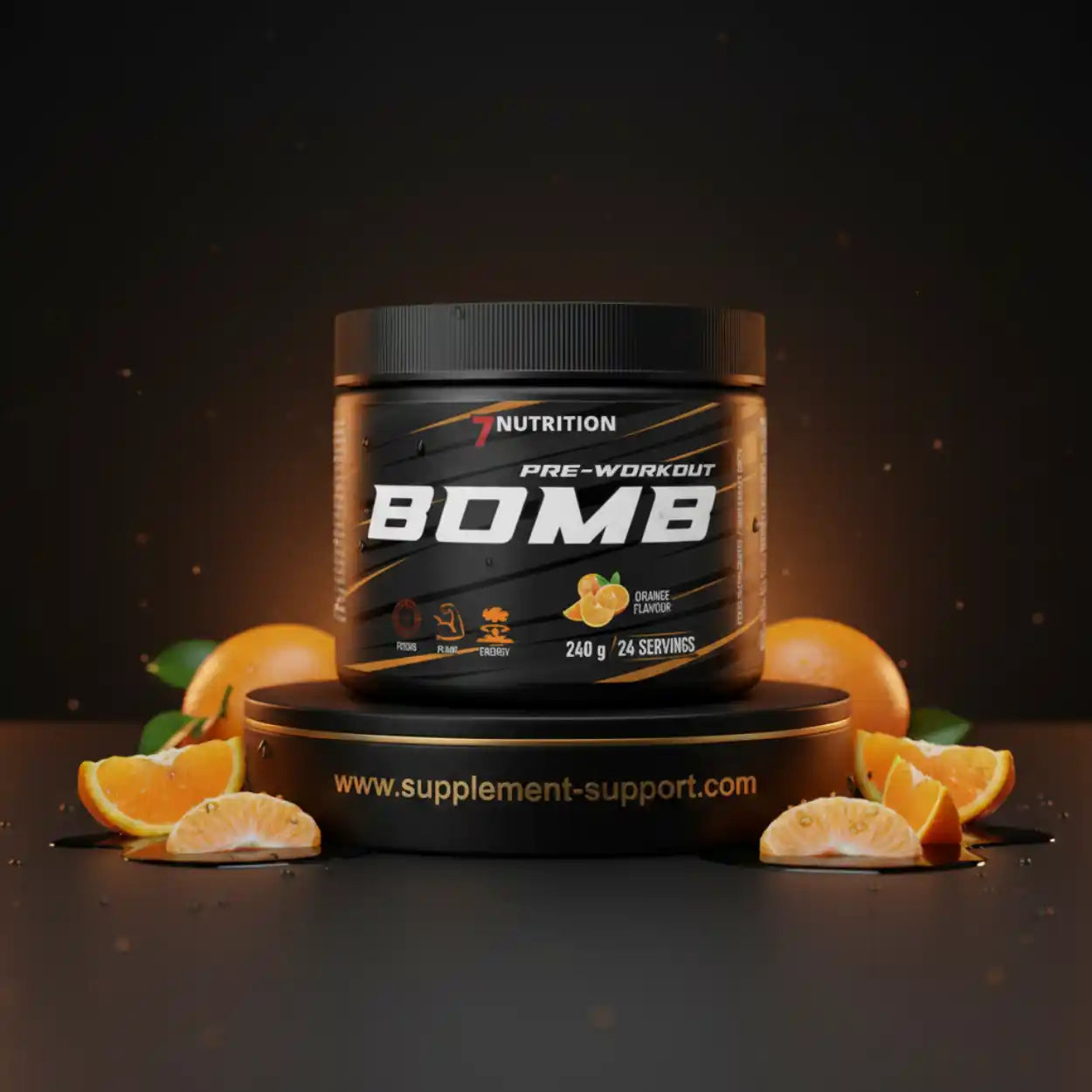 7 Nutrition Pre-Workout Bomb Supplement in Orange-Geschmack mit frischen Orangenscheiben