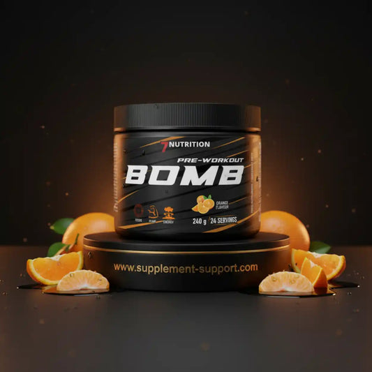 7 Nutrition Pre-Workout Bomb Supplement in Orange-Geschmack mit frischen Orangenscheiben