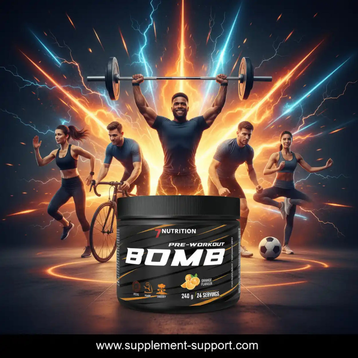 7Nutrition Pre-Workout Bomb Nahrungsergänzung in Orange mit Sportlern und energetischem Hintergrund